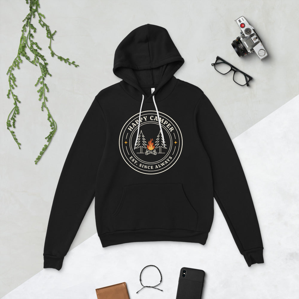 Happy Camper retro camp badge hoodie — Black, flat lay