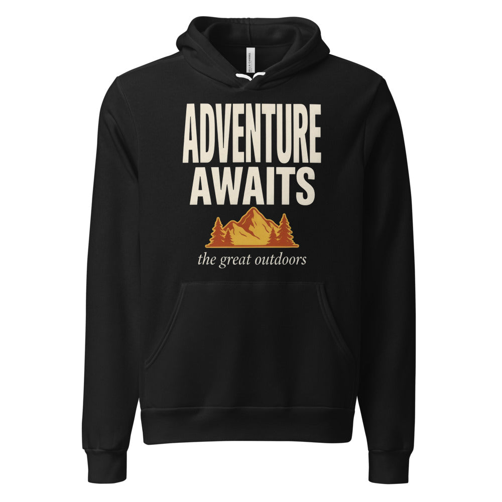 Adventure Awaits retro outdoors typography hoodie — Black, front