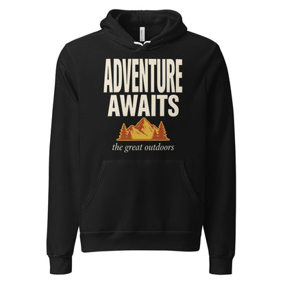 Adventure Awaits retro outdoors typography hoodie — Black, front