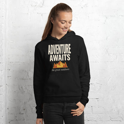Adventure Awaits retro outdoors typography hoodie — Black, on model