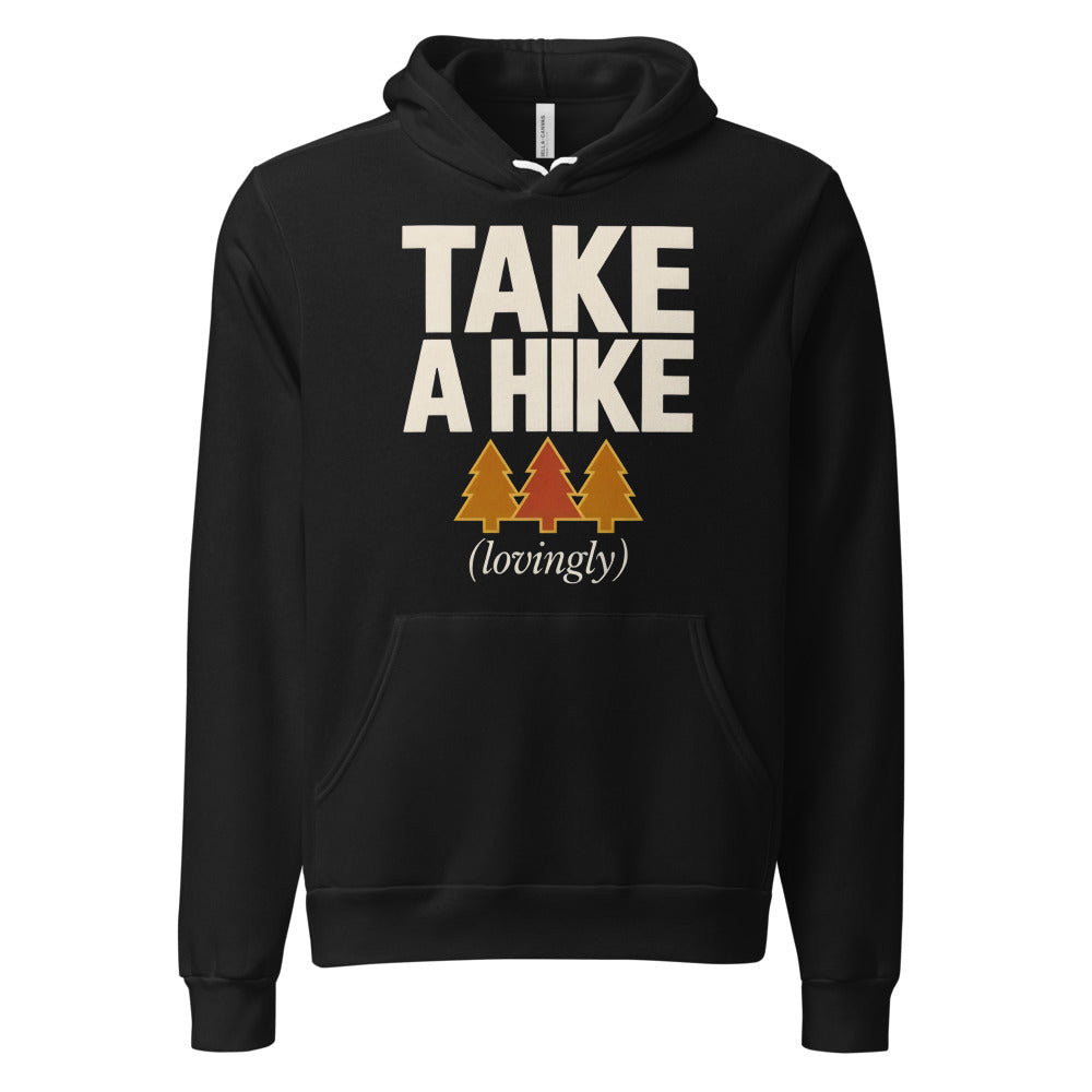 Take a Hike retro outdoors humor typography hoodie — Black, front