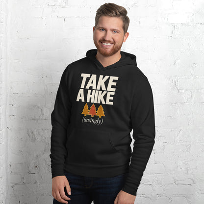 Take a Hike retro outdoors humor typography hoodie — Black, on model