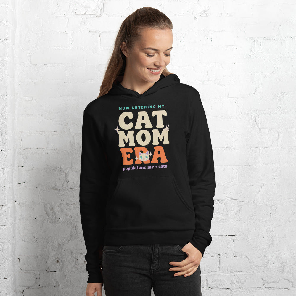Cat Mom Era retro Y2K hoodie — Black, on model