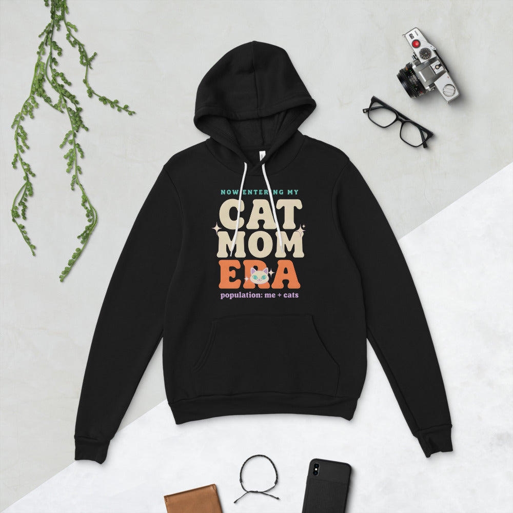 Cat Mom Era retro Y2K hoodie — Black, flat lay