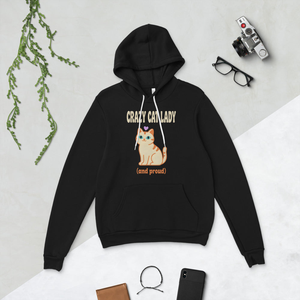 Crazy Cat Lady and Proud retro Y2K hoodie — Black, flat lay