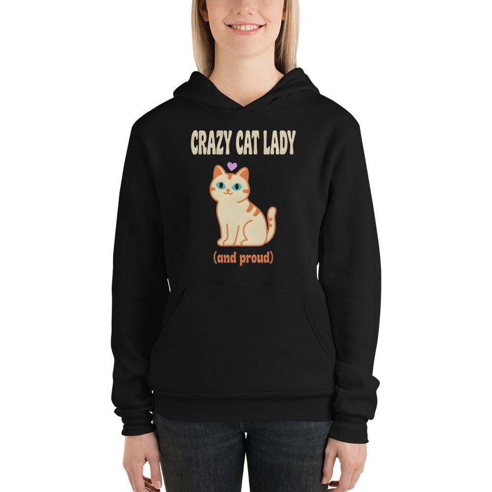 Crazy Cat Lady and Proud retro Y2K hoodie — Black, on model