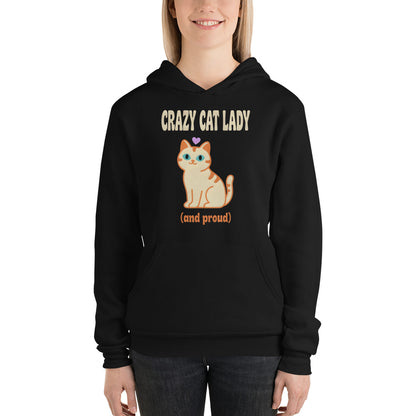 Crazy Cat Lady and Proud retro Y2K hoodie — Black, on model