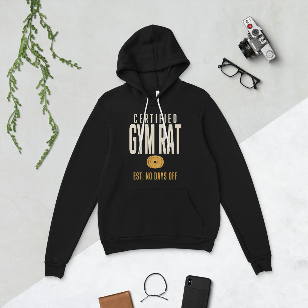 Certified Gym Rat vintage athletic hoodie — Black, flat lay