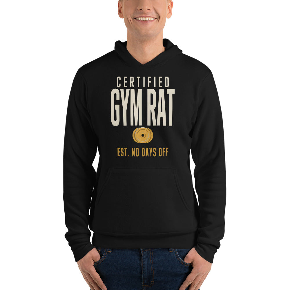 Certified Gym Rat vintage athletic hoodie — Black, on model