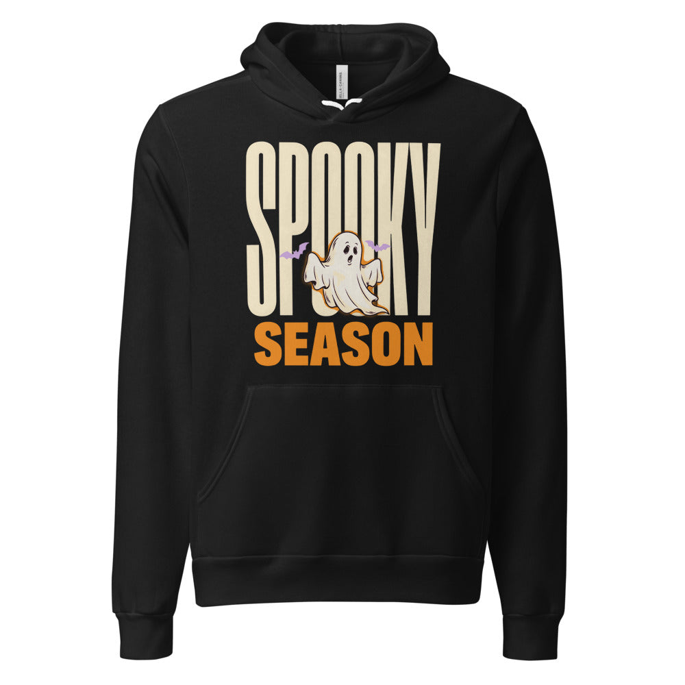 Spooky Season retro Halloween ghost typography hoodie — Black, front