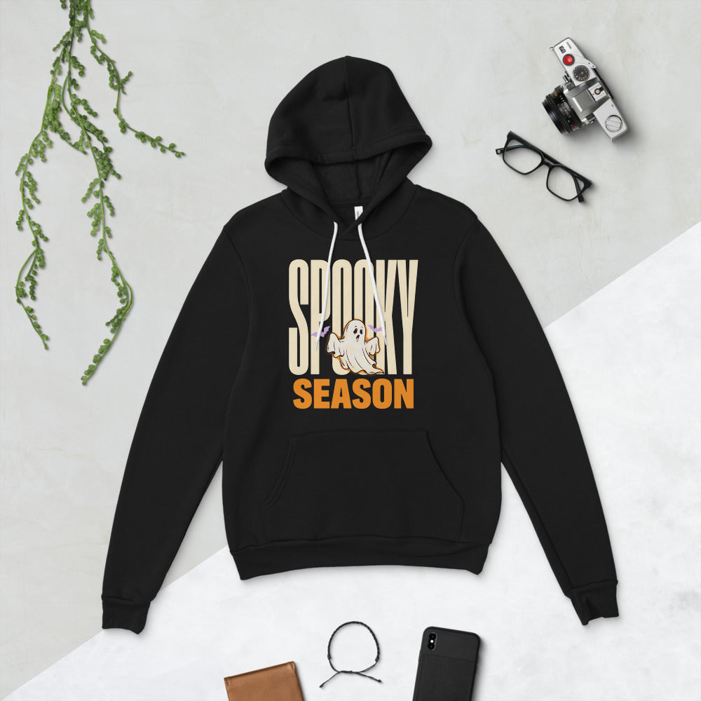 Spooky Season retro Halloween ghost typography hoodie — Black, flat lay