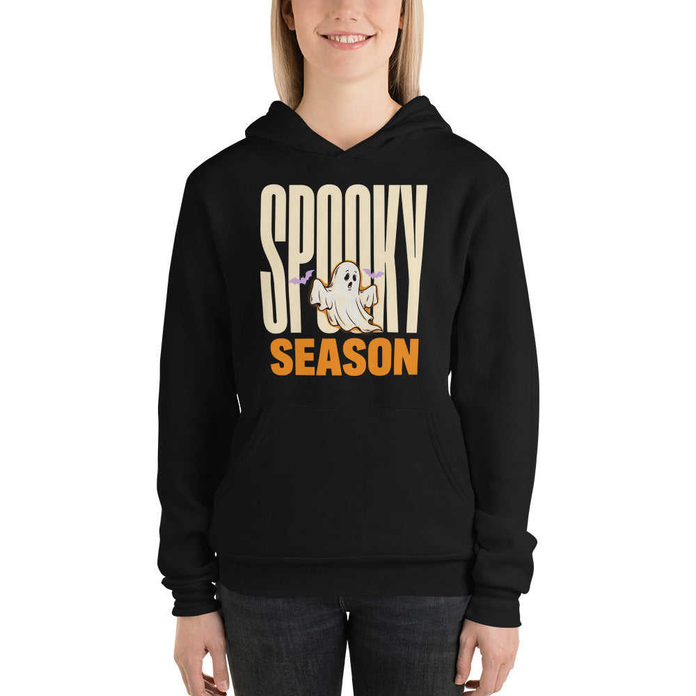 Spooky Season retro Halloween ghost typography hoodie — Black, on model