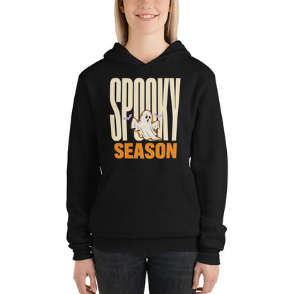 Spooky Season retro Halloween ghost typography hoodie — Black, on model