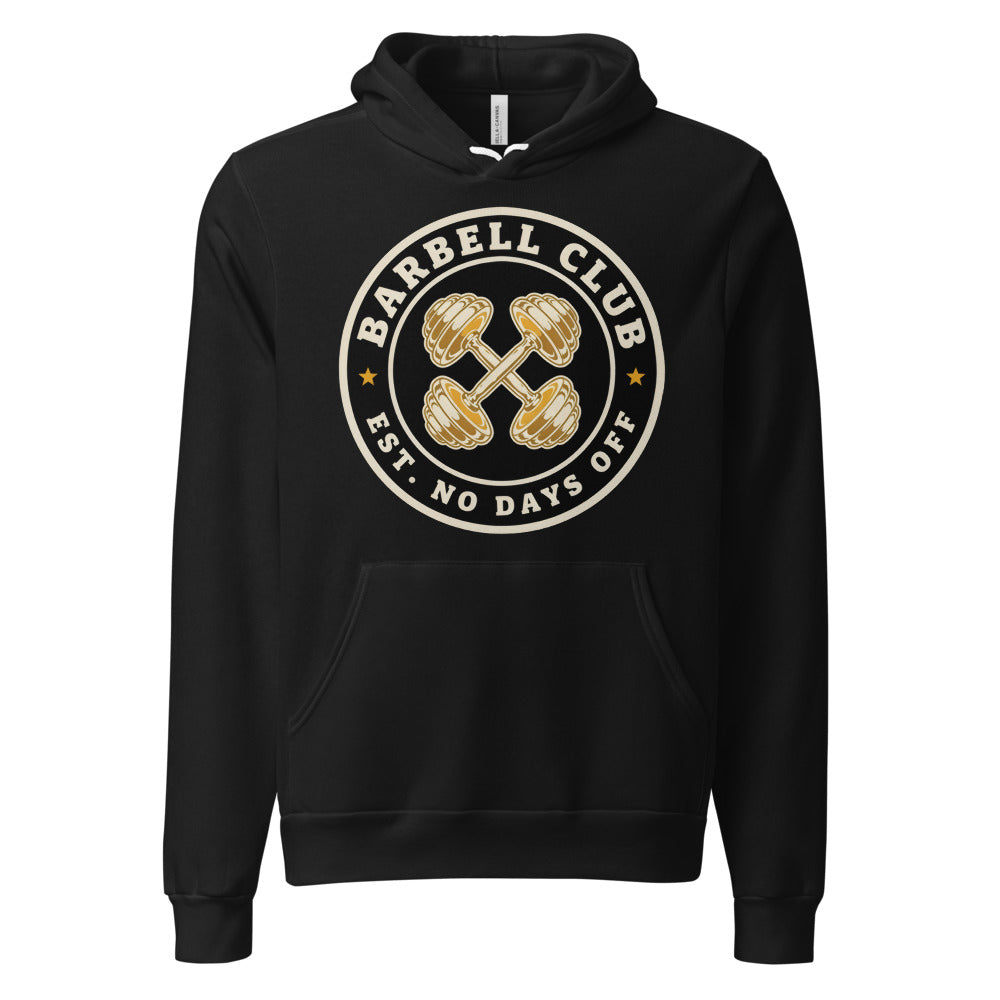 Barbell Club No Days Off vintage gym hoodie — Black, front