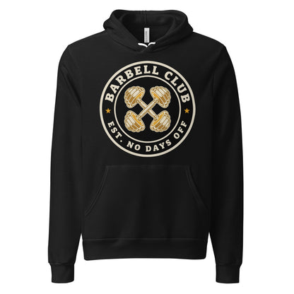 Barbell Club No Days Off vintage gym hoodie — Black, front