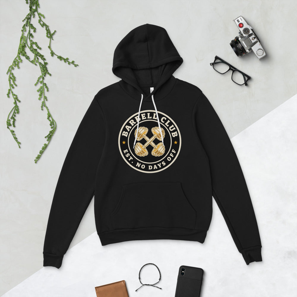 Barbell Club No Days Off vintage gym hoodie — Black, flat lay