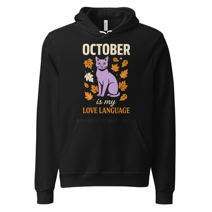 October Is My Love Language retro Halloween black cat hoodie — Black, front