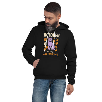 October Is My Love Language retro Halloween black cat hoodie — Black, on model