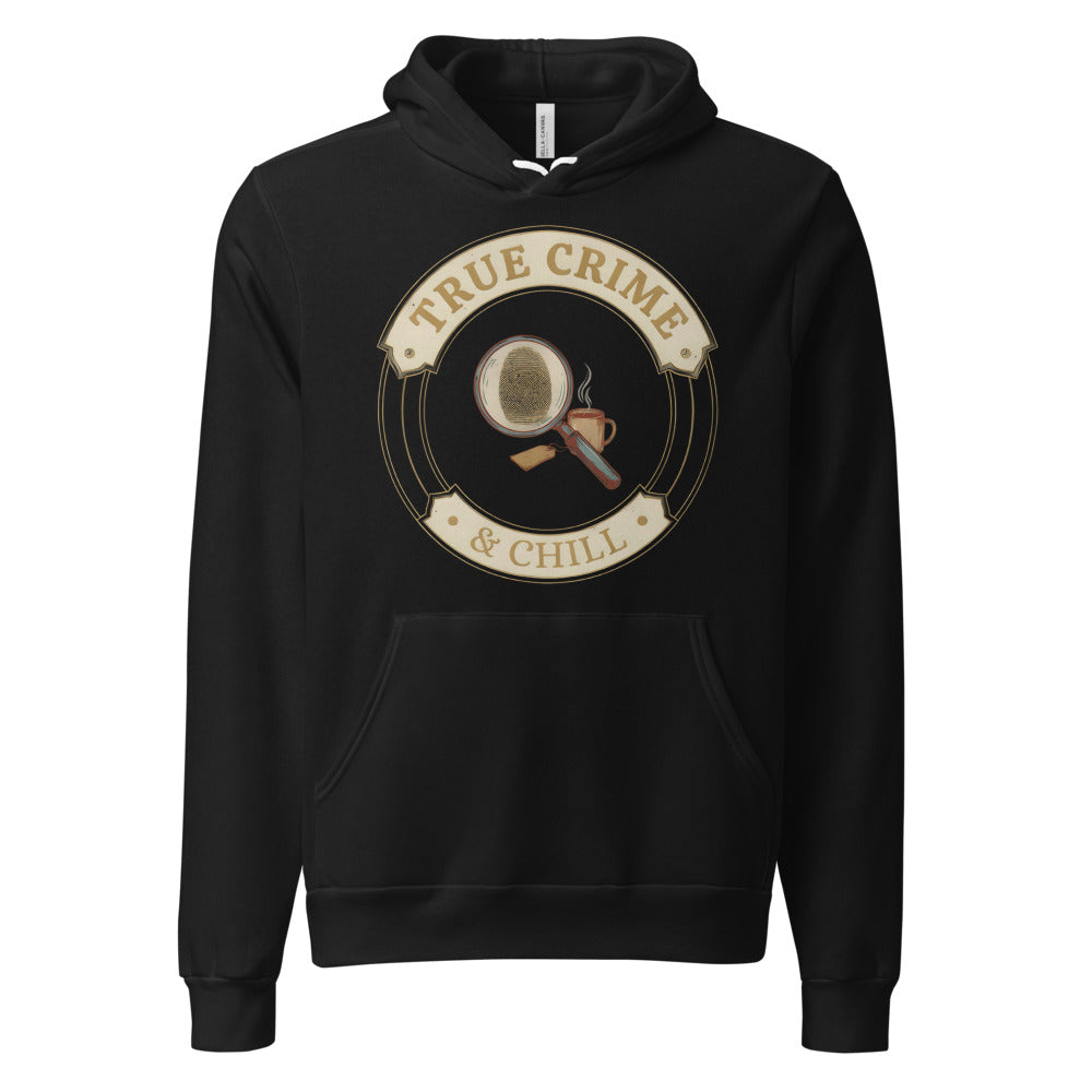 True Crime and Chill vintage case-file badge hoodie — Black, front