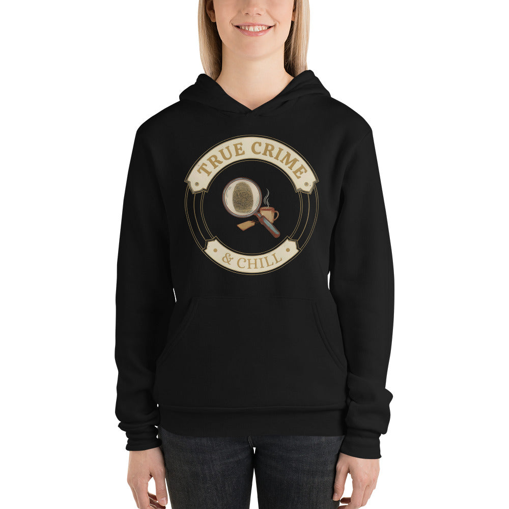True Crime and Chill vintage case-file badge hoodie — Black, on model