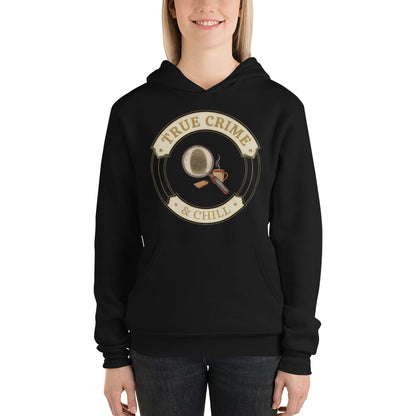True Crime and Chill vintage case-file badge hoodie — Black, on model