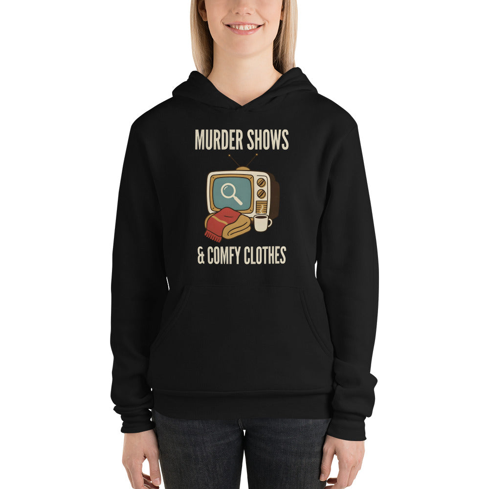 Murder Shows and Comfy Clothes cozy true crime hoodie — Black, on model