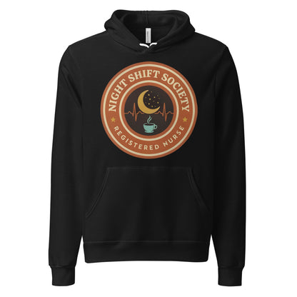 Night Shift Society retro registered nurse badge hoodie — Black, front