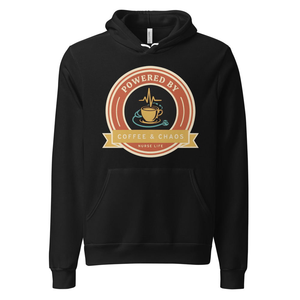 Powered by Coffee & Chaos retro nurse badge hoodie — Black, front