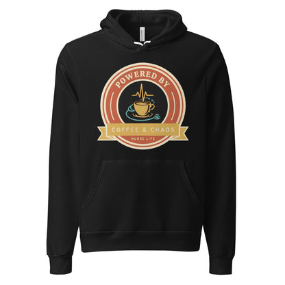 Powered by Coffee & Chaos retro nurse badge hoodie — Black, front