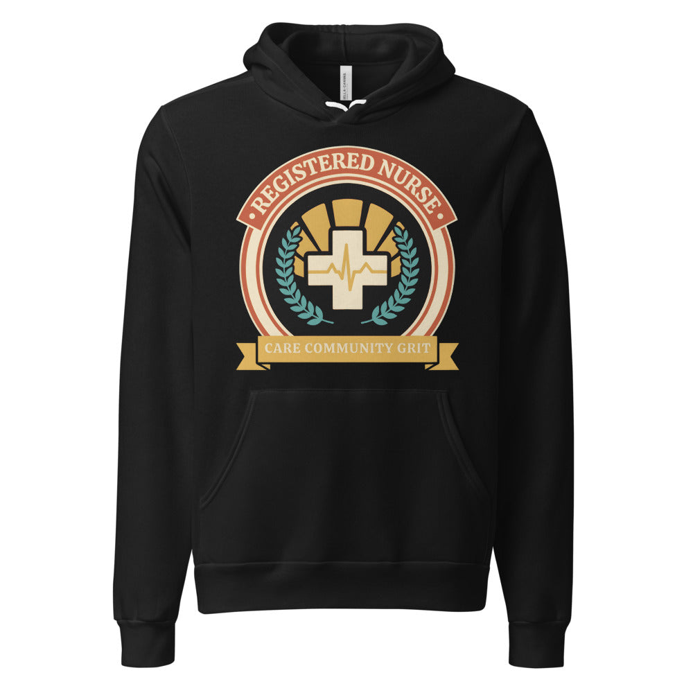 Registered Nurse vintage healthcare emblem badge hoodie — Black, front