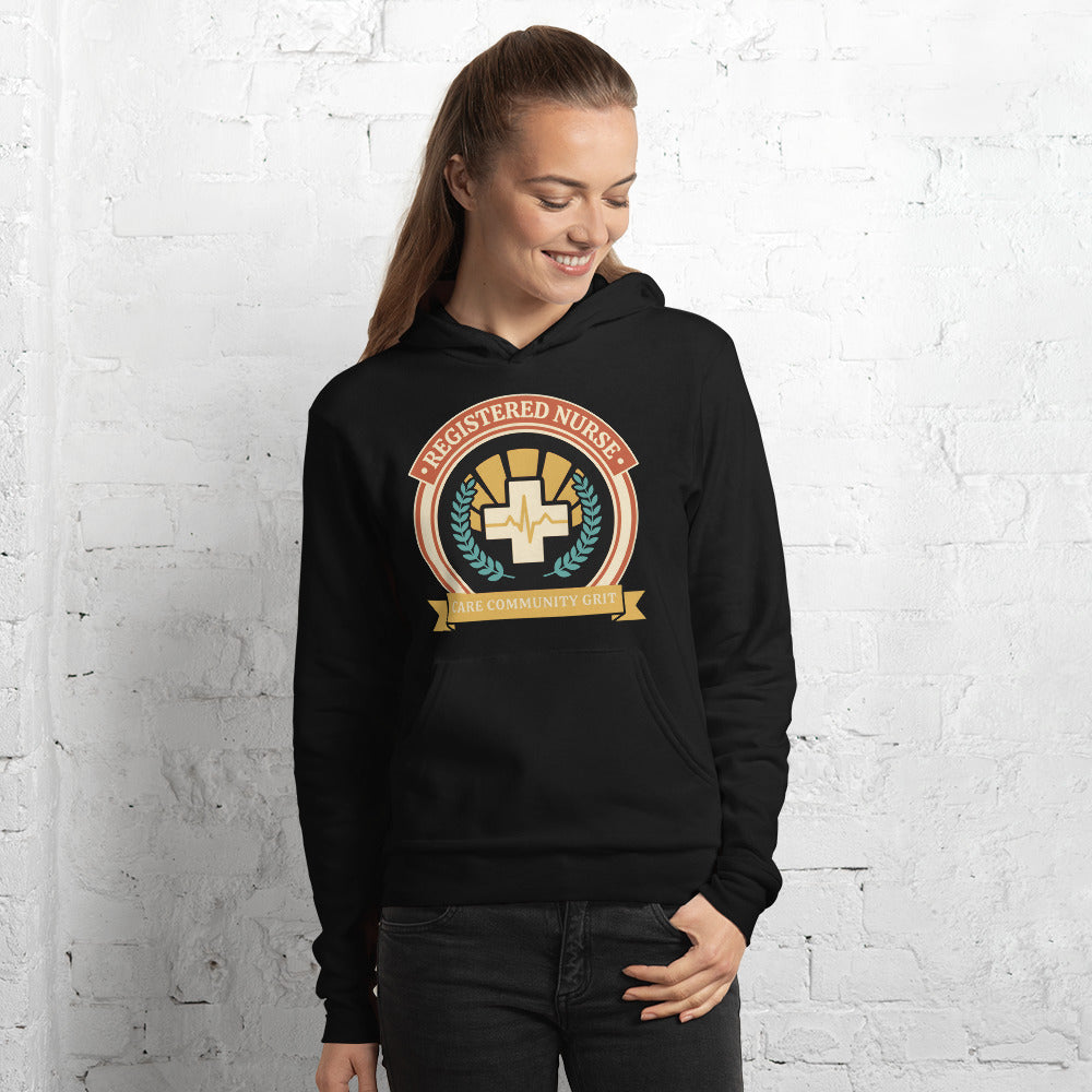 Registered Nurse vintage healthcare emblem badge hoodie — Black, on model