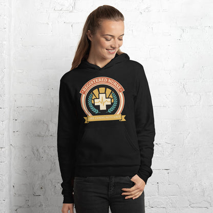 Registered Nurse vintage healthcare emblem badge hoodie — Black, on model