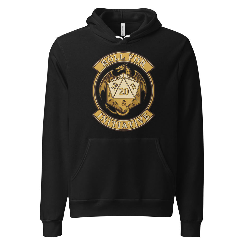 Roll For Initiative d20 dragon tabletop RPG hoodie — Black, front