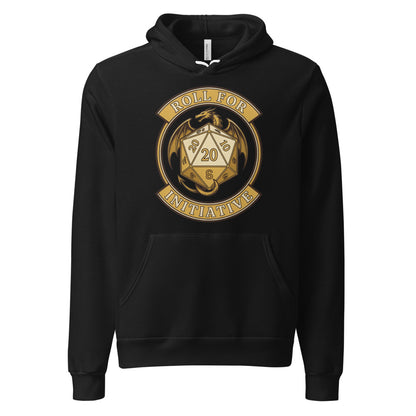 Roll For Initiative d20 dragon tabletop RPG hoodie — Black, front