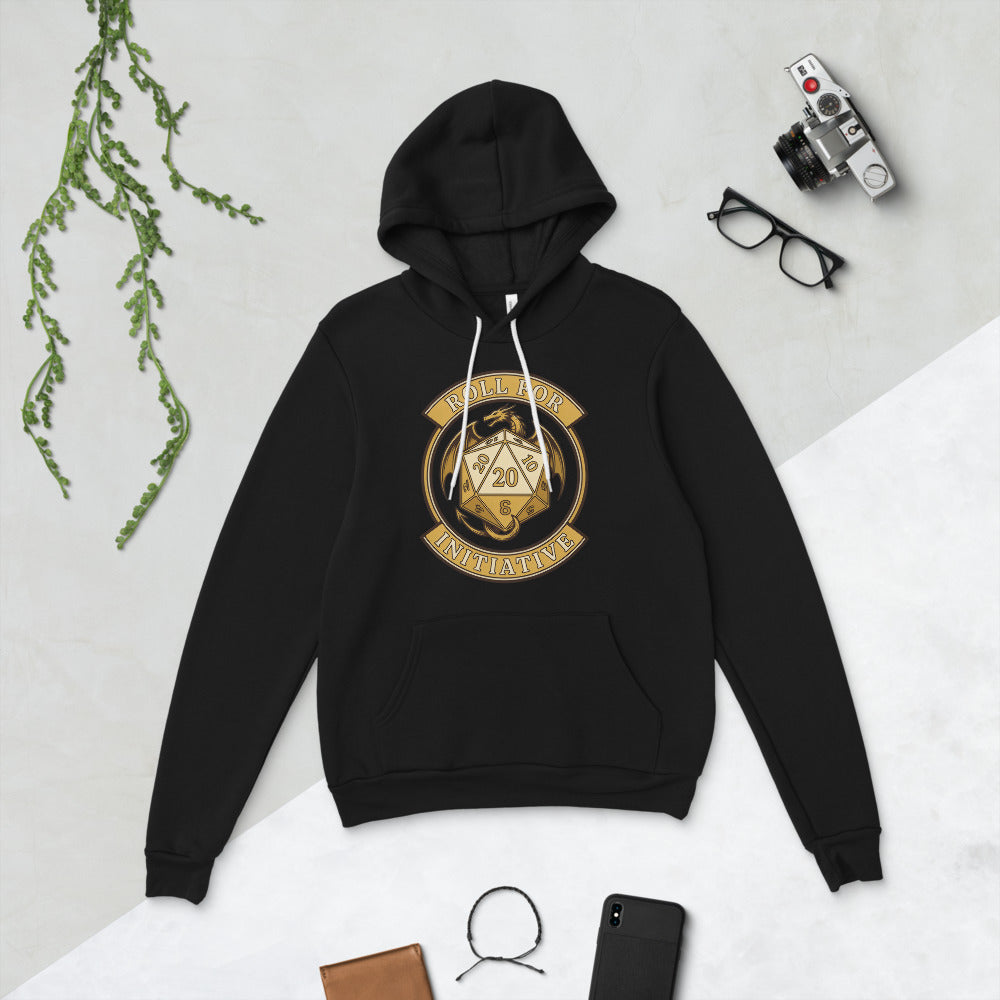 Roll For Initiative d20 dragon tabletop RPG hoodie — Black, flat lay