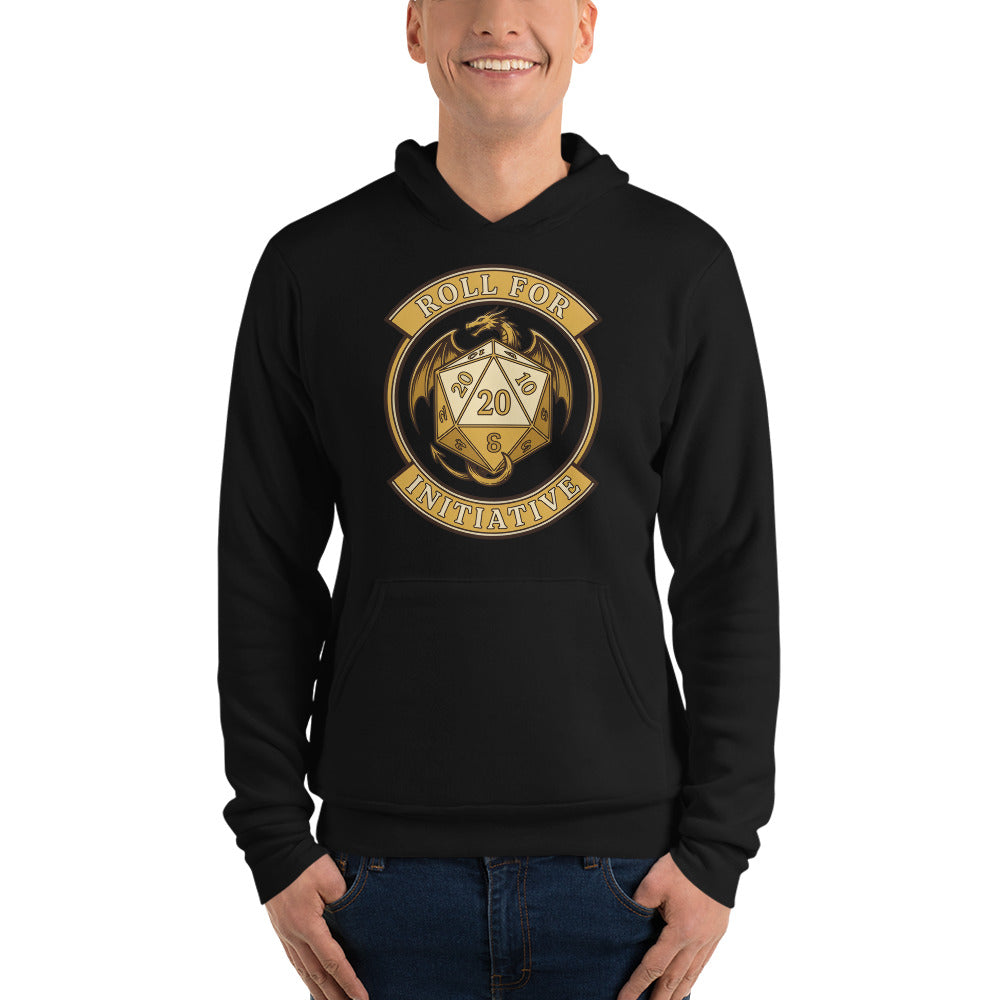 Roll For Initiative d20 dragon tabletop RPG hoodie — Black, on model