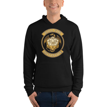 Roll For Initiative d20 dragon tabletop RPG hoodie — Black, on model