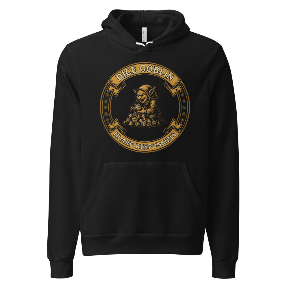 Dice Goblin Hoard Responsibly tabletop RPG hoodie — Black, front