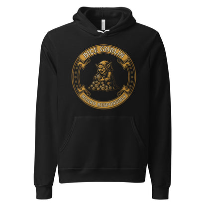 Dice Goblin Hoard Responsibly tabletop RPG hoodie — Black, front