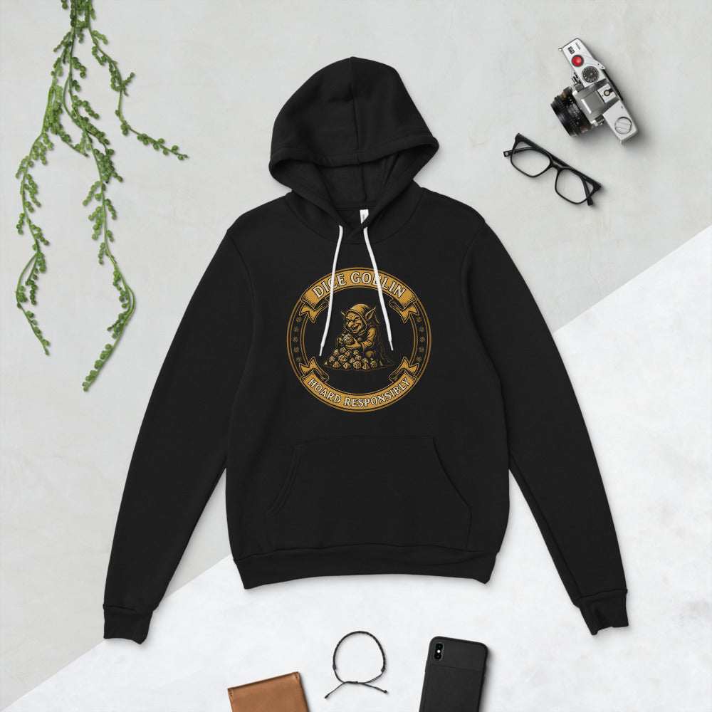 Dice Goblin Hoard Responsibly tabletop RPG hoodie — Black, flat lay