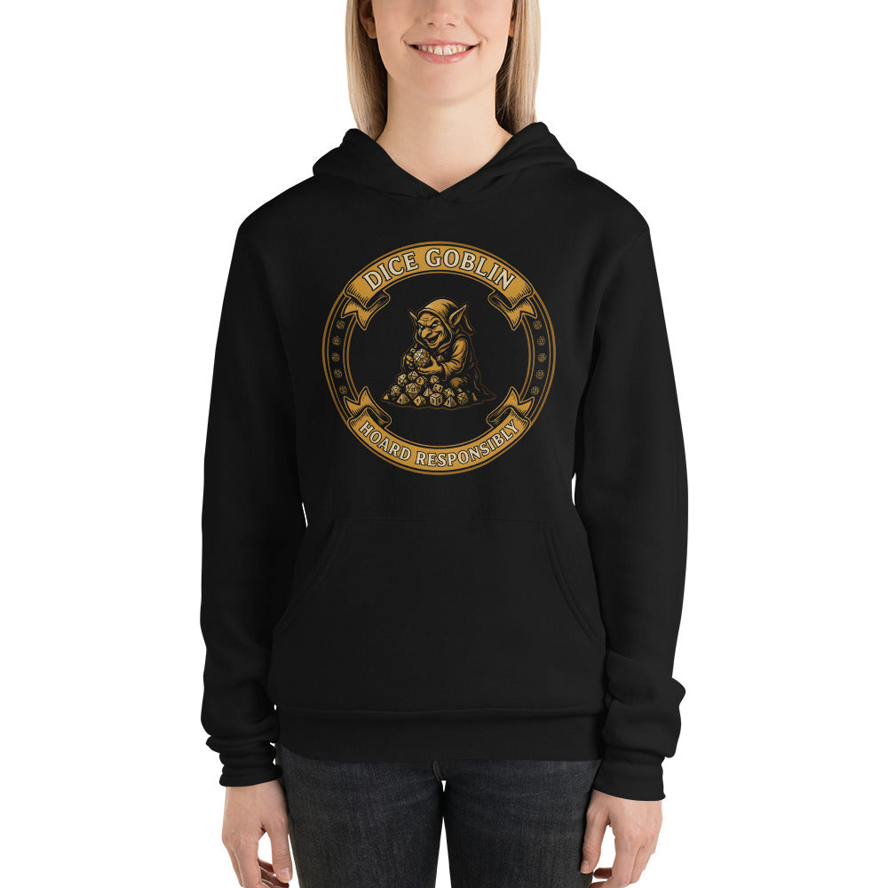 Dice Goblin Hoard Responsibly tabletop RPG hoodie — Black, on model