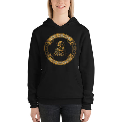 Dice Goblin Hoard Responsibly tabletop RPG hoodie — Black, on model