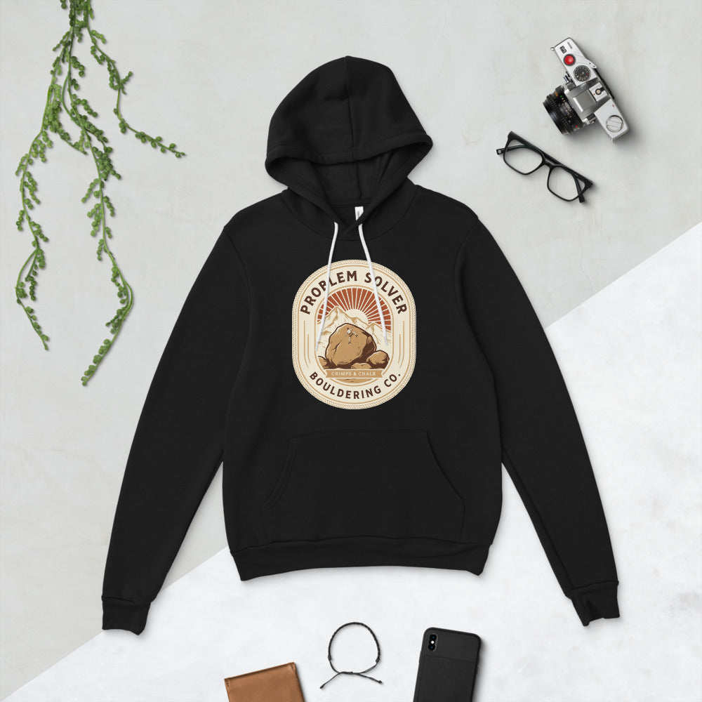 Problem Solver Bouldering Badge hoodie — Black, flat lay