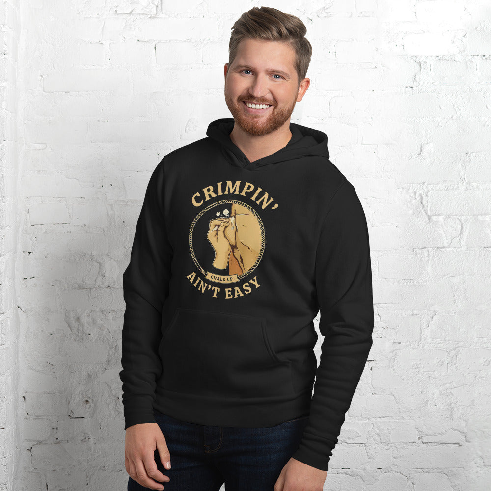 Crimpin' Ain't Easy bouldering badge hoodie — Black, on model