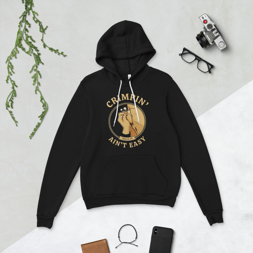 Crimpin' Ain't Easy bouldering badge hoodie — Black, flat lay