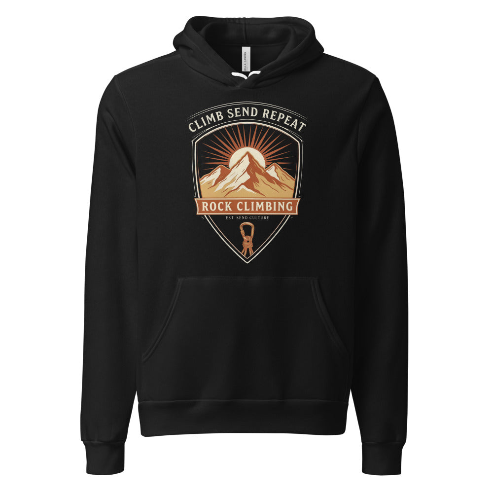 Climb Send Repeat mountaineering crest hoodie — Black, front