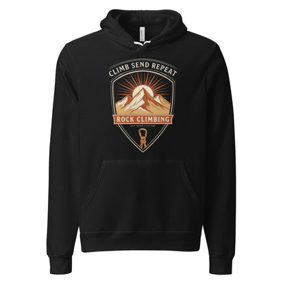 Climb Send Repeat mountaineering crest hoodie — Black, front