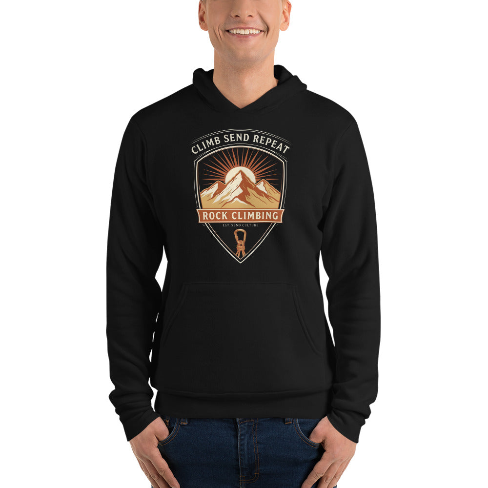 Climb Send Repeat mountaineering crest hoodie — Black, on model