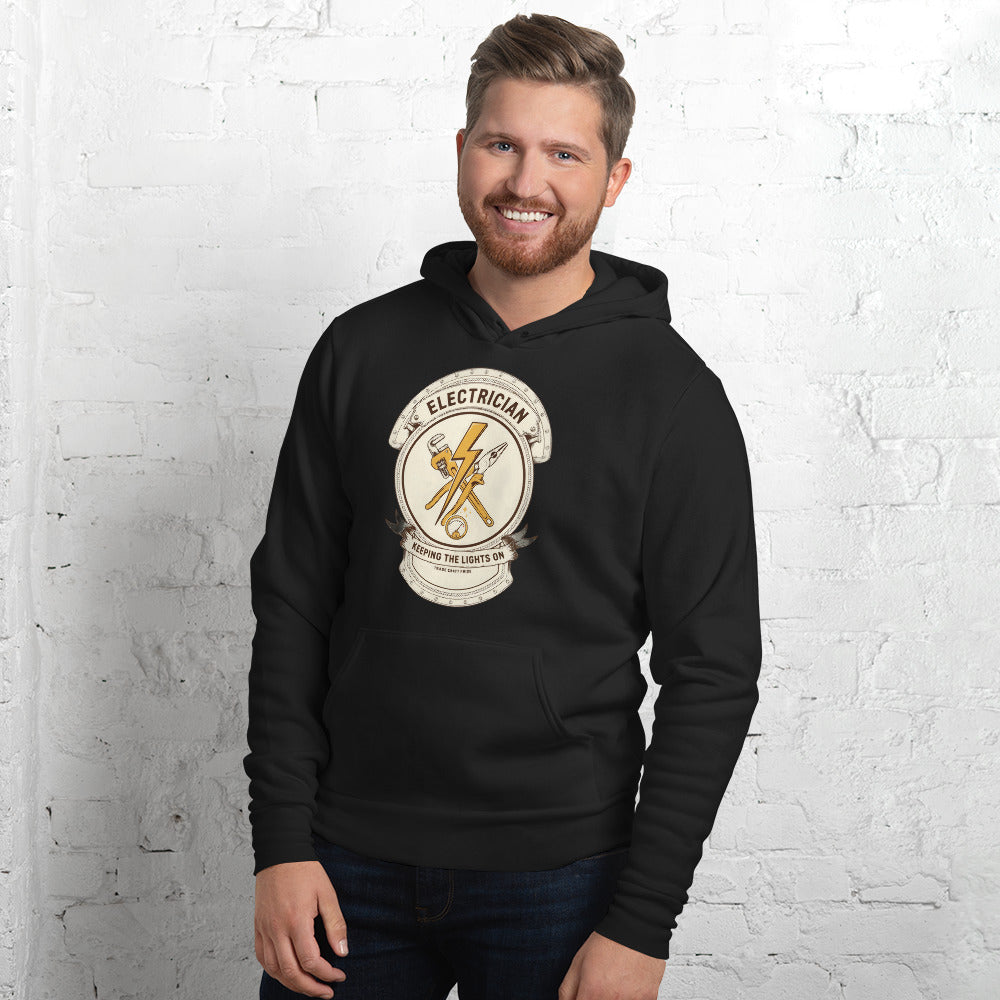 Electrician Journeyman trade crest hoodie — Black, on model