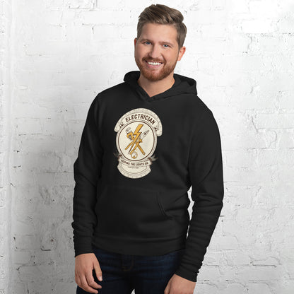 Electrician Journeyman trade crest hoodie — Black, on model